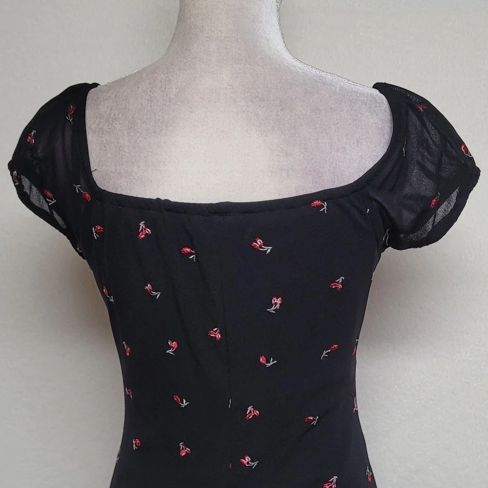 Rampage Vintage 80s Whimsigoth Black Red Ditsy Floral Puff Sleeve Babydoll Dress - Picture 8 of 11